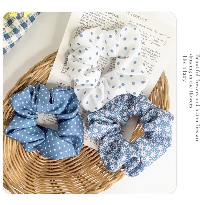 Dây buộc tóc, cột tóc vải scrunchies phong cách vintage hoạ tiết xanh dương