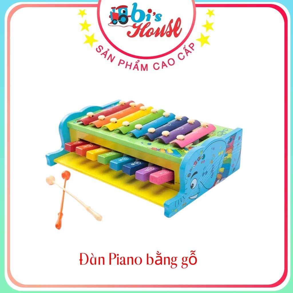 Đàn Piano Gỗ Cho Bé Có 2 Hình Voi Xanh Và Gấu Vàng Rất Dễ Thương