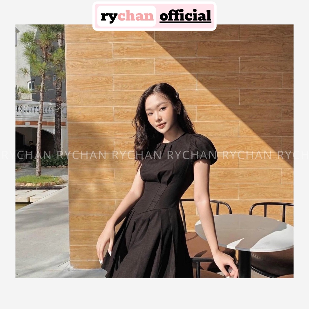 Đầm Xòe Đen Chiết Eo Tay Phồng Xếp Ly  - DX0023
