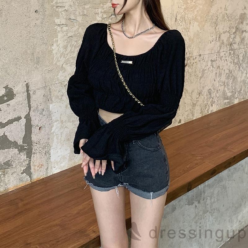 Áo thun trễ vai tay phồng dài màu trơn hở lưng thời trang cho nữ