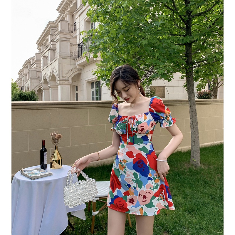 Đầm hoa nhí cao cấp xuất xứ Quảng Châu thiết kế hở lưng, xẻ tà cho các nàng đi tiệc - loại váy ngắn - V10