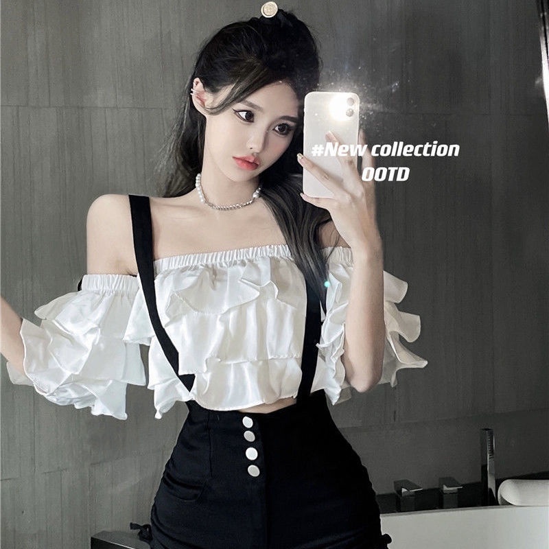 Áo kiểu COZOKC tay ngắn trễ vai phối bèo thiết kế ôm sát tôn dáng