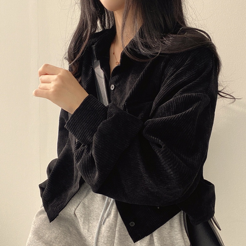 IELGY  Áo Khoác Nhung Kẻ Dáng Rộng Tay Dài Phong Cách retro Dành Cho Nữ