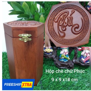 Hộp đựng chè gỗ hương khắc chữ Phúc cao cấp 9x9x18 cm
