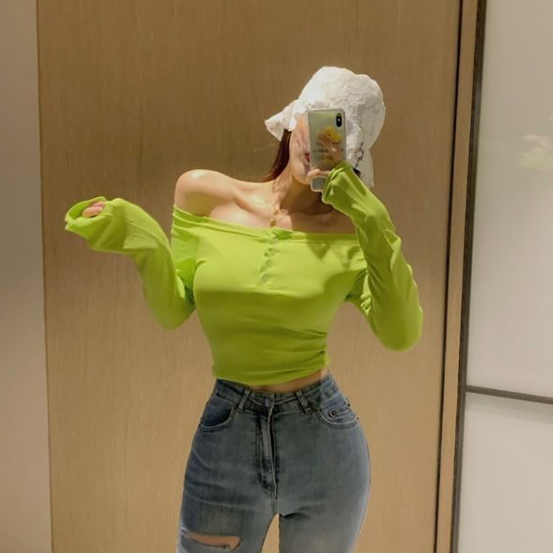 IELGY Áo Thun Crop top Tay Dài Một Mảnh Trễ Vai Eo Cao Cho Nữ