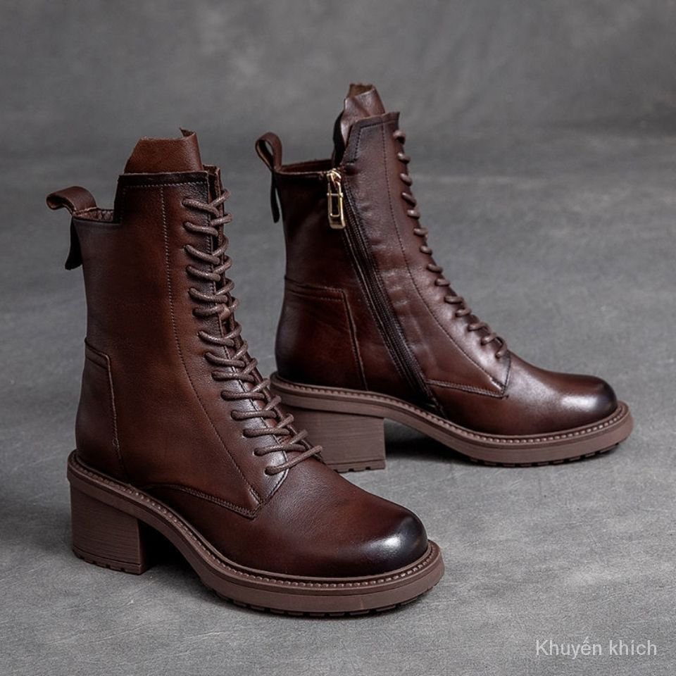 Giày Da Thật Đế Mềm Phong Cách Vintage Thời Trang Giày Bốt Cổ Cao Thời Trang Dành Cho Nữ Giày cao cấp thật mềm, có thể mang 5 năm!