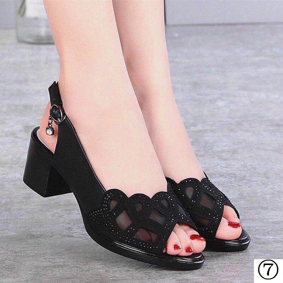 Giày Sandal Cao Gót Zhuang Kaohsiung Gót Dày Mềm Mại Bằng Da Thật Phối Lưới Rỗng Thời Trang Mùa Hè Mới Cho Phụ Nữ Trung Niên