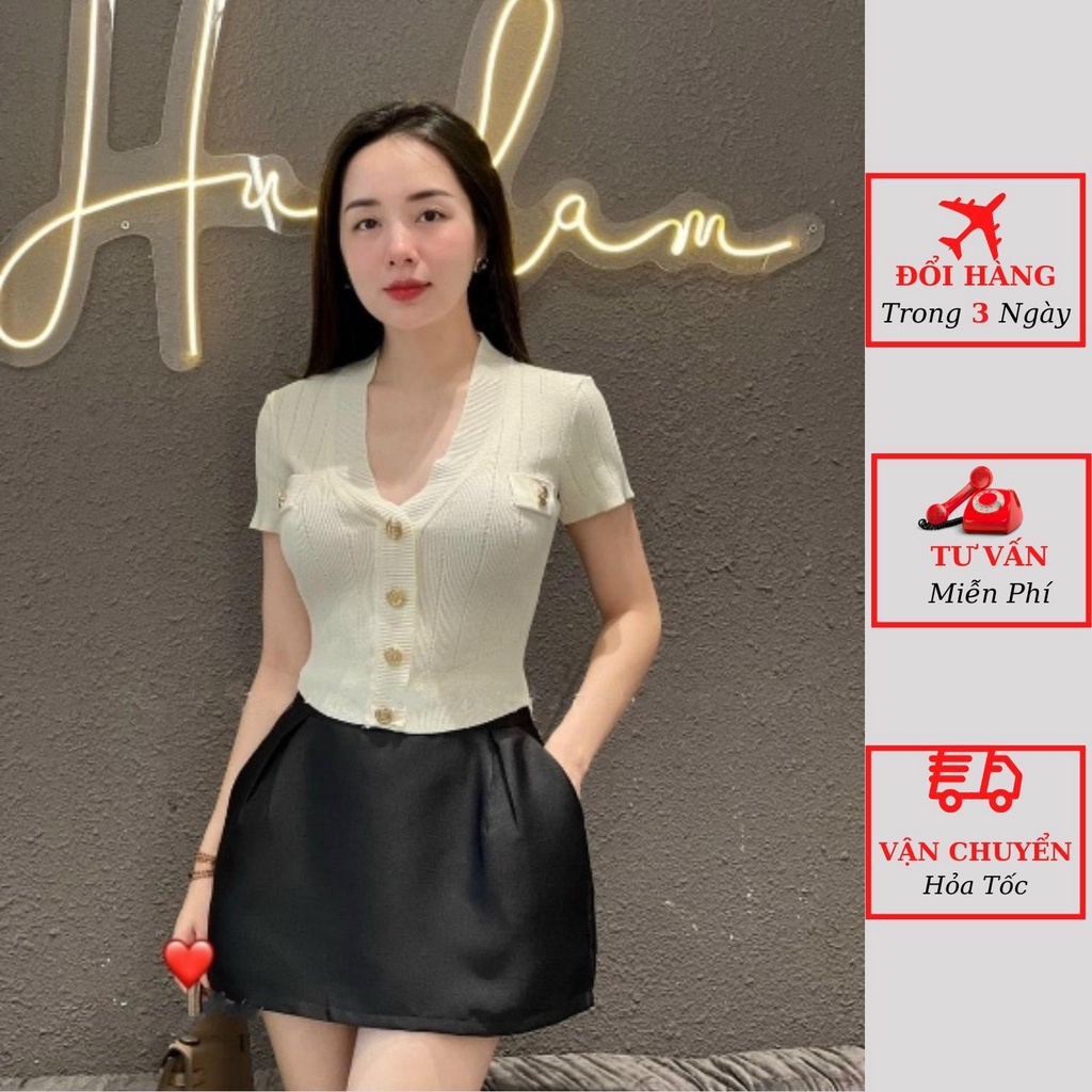 Áo len tăm gân nữ cổ tim cúc ngực chữ B tay ngắn dáng ôm body công sở mùa thu đông ulzzang Hàn Quốc