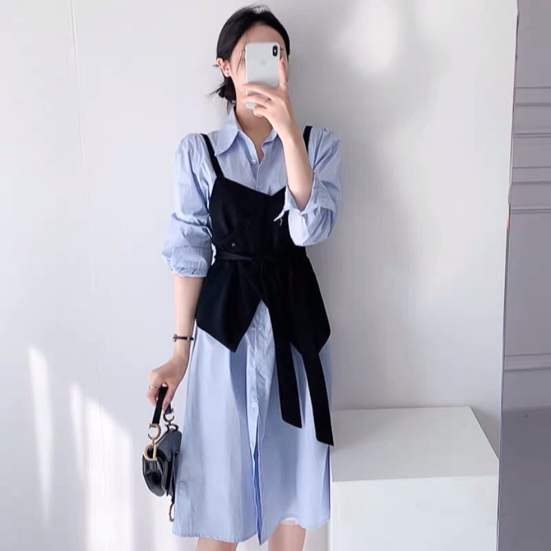Đầm sơ mi xuông kèm đai thắt eo nữ tính