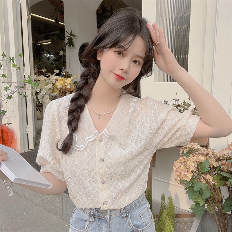 Áo sơ mi IELGY màu trắng đục lỗ tay ngắn ngọt ngào cho nữ