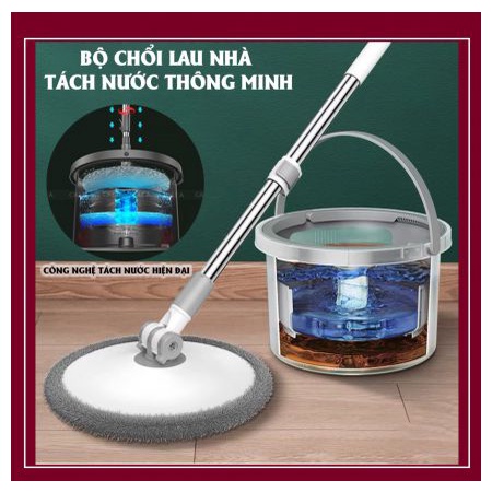 Bộ lau nhà thông minh K8 thùng vắt xoay tròn nhựa PP, cán inox dài 135cm, miếng lau 25cm Microfiber hình tròn