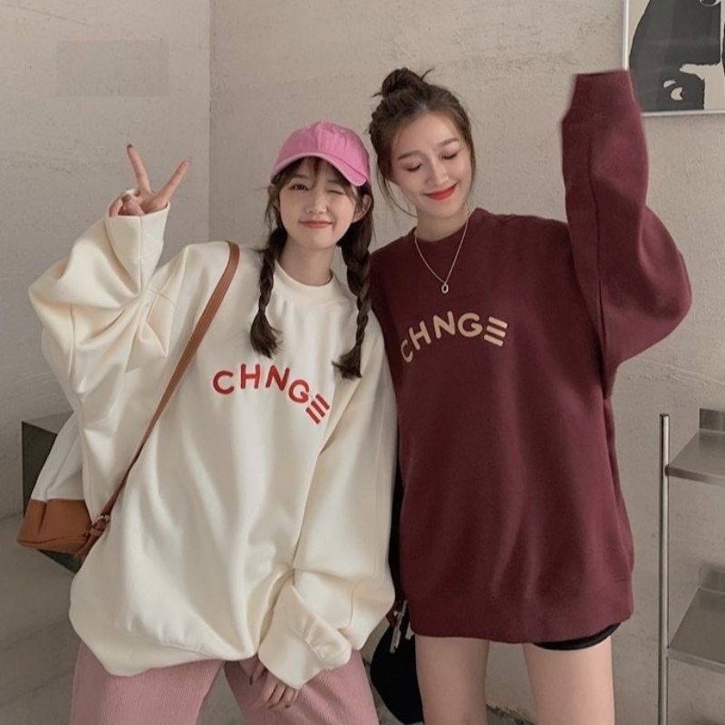 Áo hoodie nữ form rộng nỉ dày in chữ không mũ KOKOS, áo sweater form rộng tay bồng nữ, chất nỉ bông dày dặn