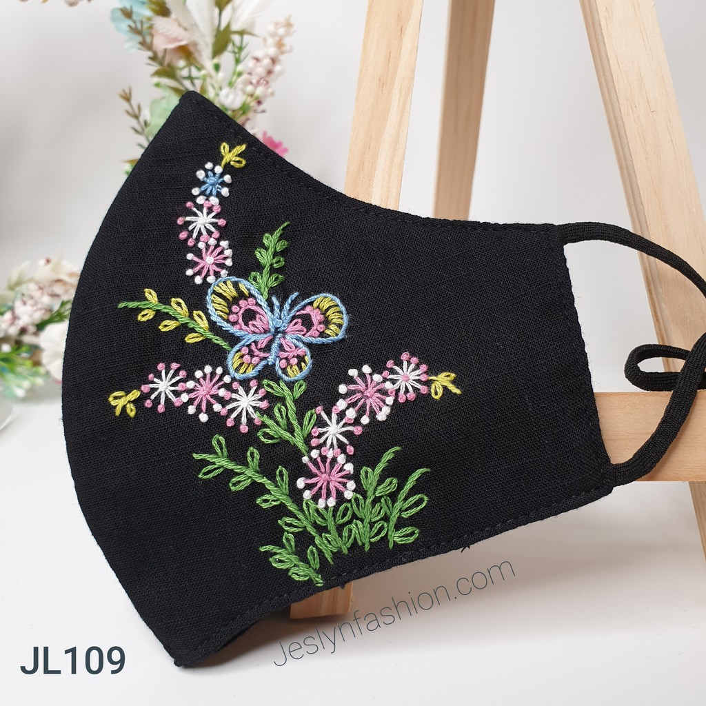 Khẩu trang thêu tay vải linen hình hoa và bướm JL109