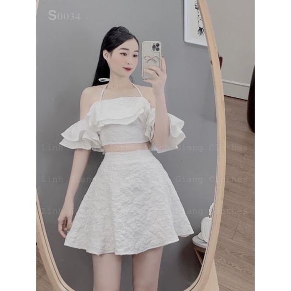 Set bộ áo cột dây chéo eo phối chân váy ôm xẻ tà