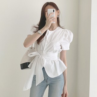 Áo Kiểu Tay Phồng Cổ Tròn Cột Dây Phong Cách Hàn Quốc 42831