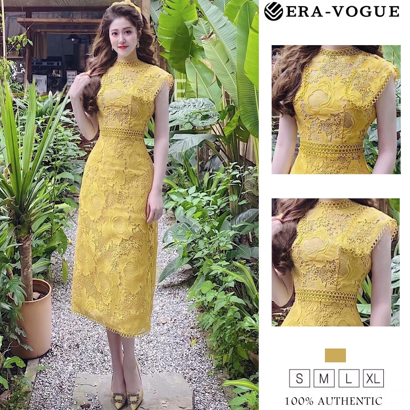 EraVogue🌷 Đầm Màu Vàng Dáng Ôm Phối Ren in hoa Phong Cách Việt Nam Cho Nữ váy dạ hội Y9998