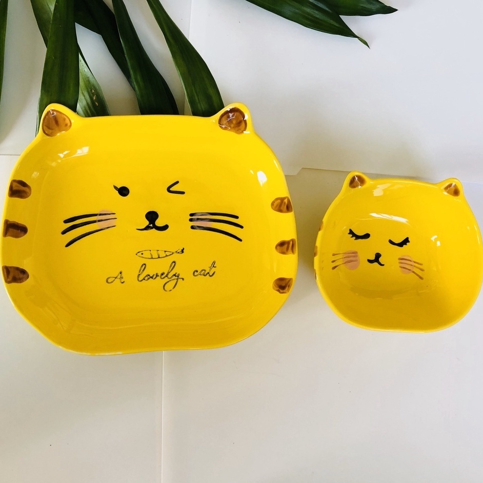 Bát Ăn Dặm Cho Bé Hình Mèo Vàng, Chén Đĩa Gốm Sứ Decor Cao Cấp