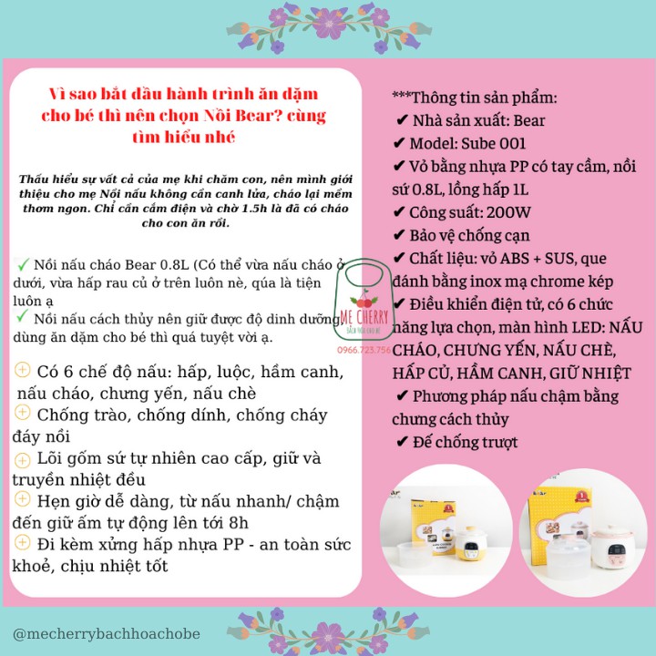 Nồi nấu cháo chậm Bear 0.8 lít