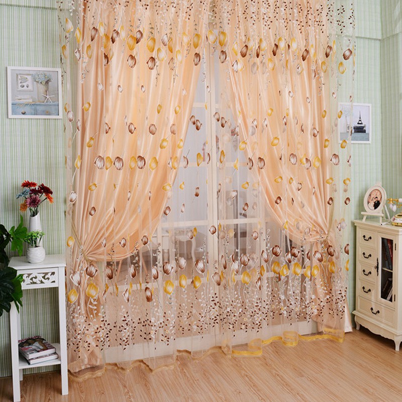 Rèm Treo Cửa Sổ Vải Sheer Vải Tuyn Tua Rua Họa Tiết Hoa Tulip Xinh Xắn