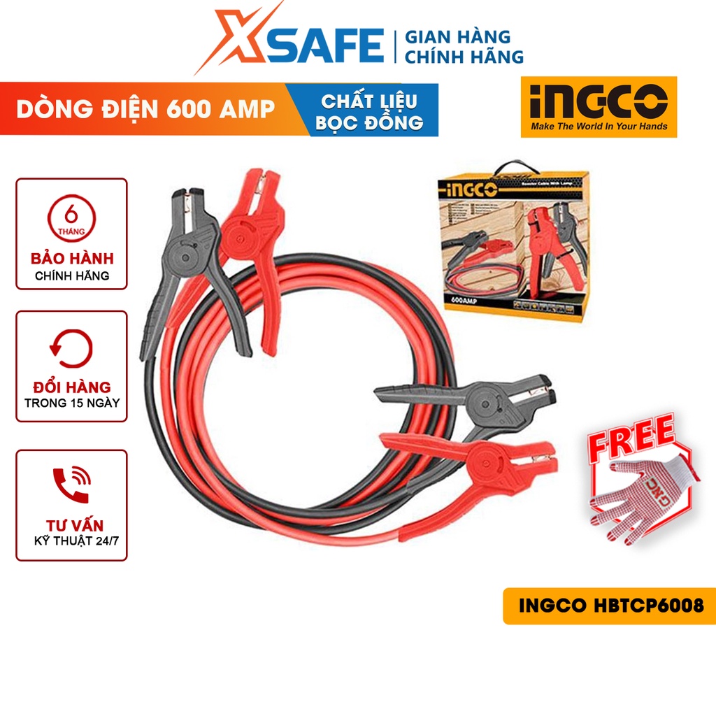 Dây cáp sạc bình INGCO HBTCP6008 dòng điện 600AMP, kích thước kẹp 18x10cm, đây đồng, chiều dài cáp 3m - chính hãng