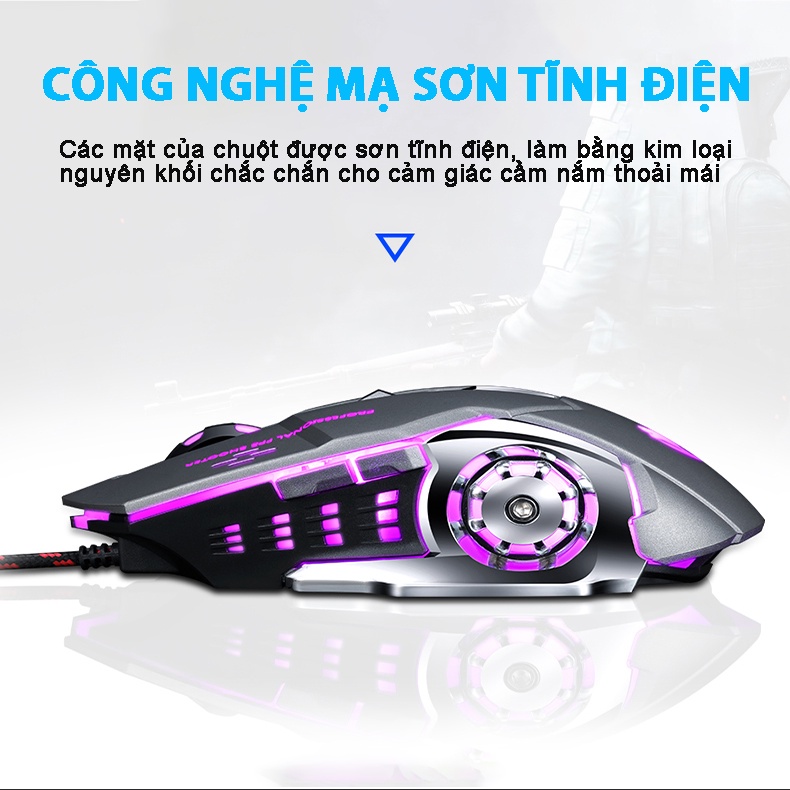 Chuột Gaming Có Dây V6 Có Đèn Full Led Đổi Màu Liên Tục, Siêu Nhạy, Đế Di Kim Loại Chơi Game Cực Đã