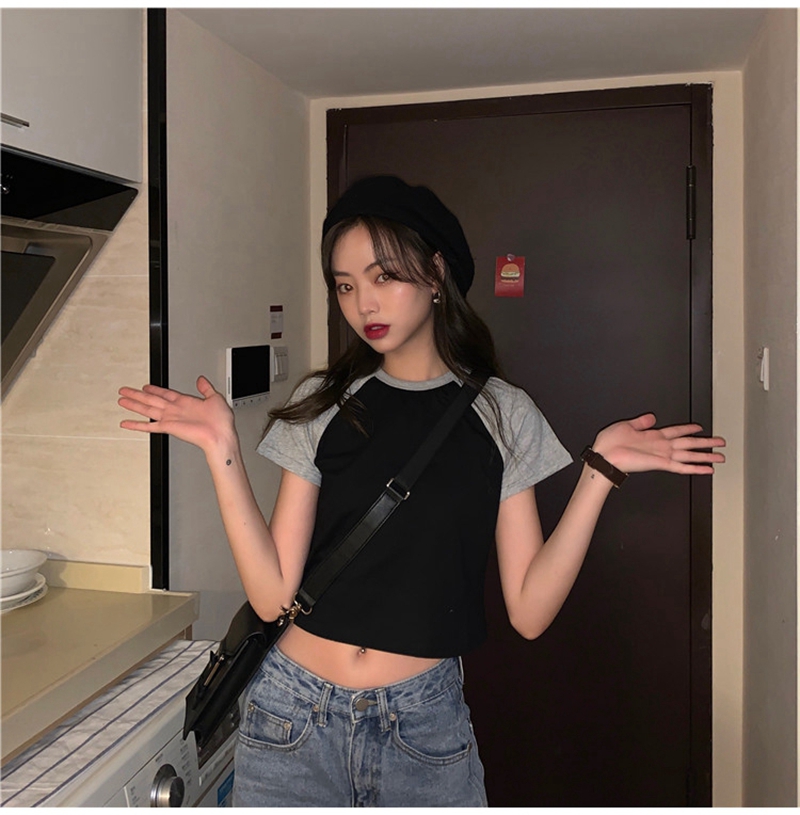 Áo Thun Croptop Cổ Tròn Phong Cách Hàn Quốc Cho Nữ