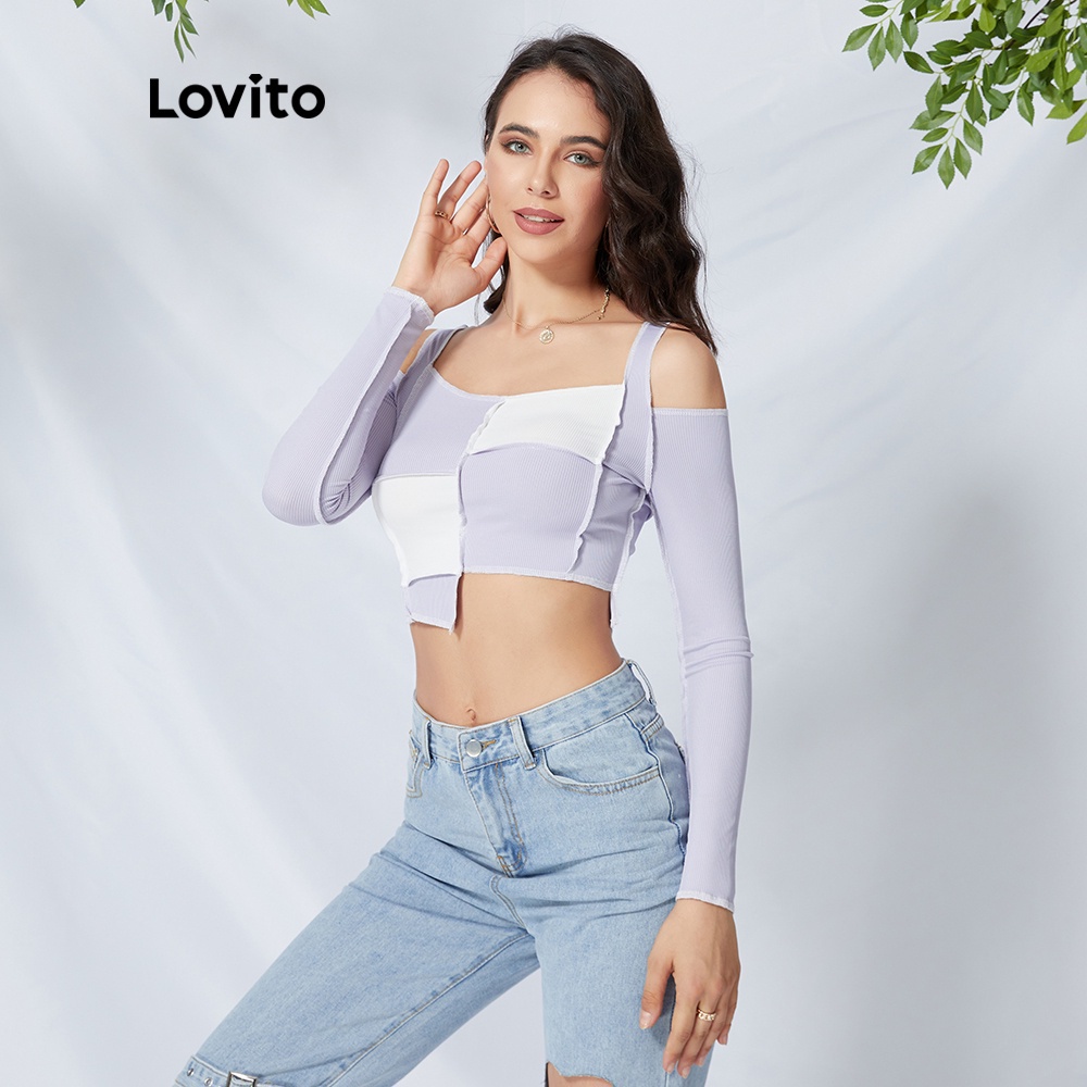  Áo croptop Lovito trễ vai họa tiết kẻ sọc dễ phối đồ L09060 | WebRaoVat - webraovat.net.vn