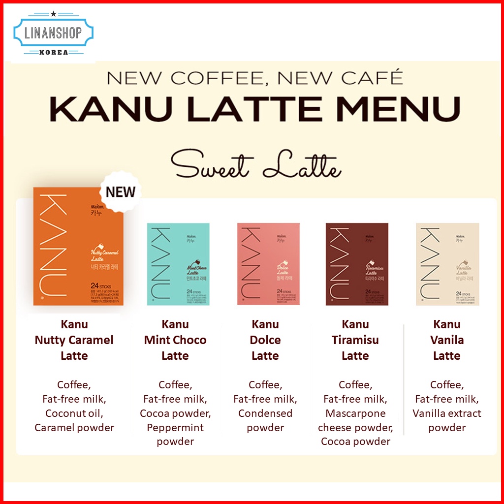 Cà phê hòa tan uống liền dạng thanh MAXIM KANU dòng Latte vị cà phê gấp đôi Decaf Tiramisu Vani Dolce Sô-cô-la bạc hà | BigBuy360 - bigbuy360.vn