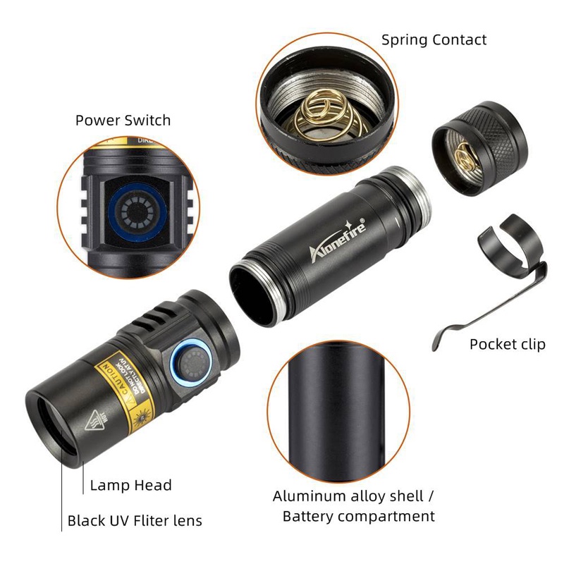 Đèn Pin Alonefire SV38 5W Xoay 365nm Chống Tia UV Cho Thú Cưng
