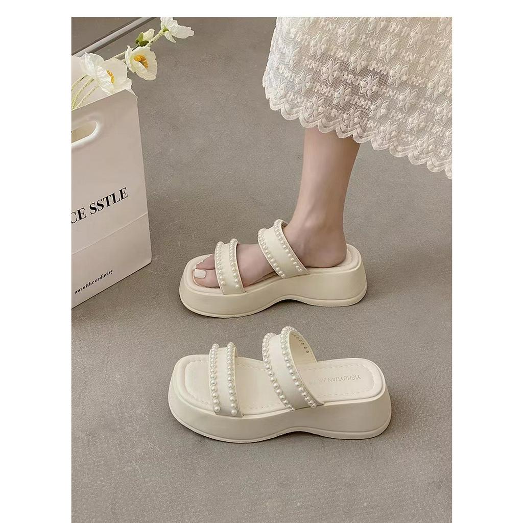 Dép Đế Dày Tăng Chiều Cao 4.5cm Chống Trượt Đính Hạt Ngọc Trai Đen / Trắng Thời Trang Mùa Hè 2023