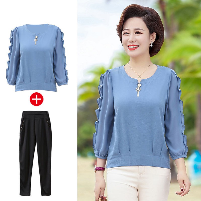 Phụ nữ trung niên và người cao tuổi áo thun mùa xuân hai mảnh Bộ đồ 40 tuổi 50 tuổi trung niên áo kiểu nước ngoài của mẹ