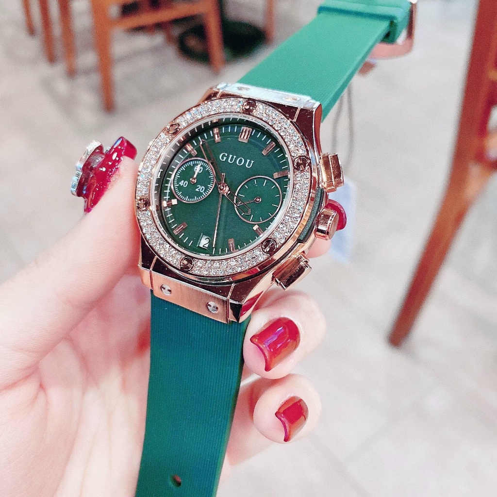 Đồng hồ nữ chính hãng Guou đính đá đẹp thời trang cao cấp dây cao su chống nước 8220