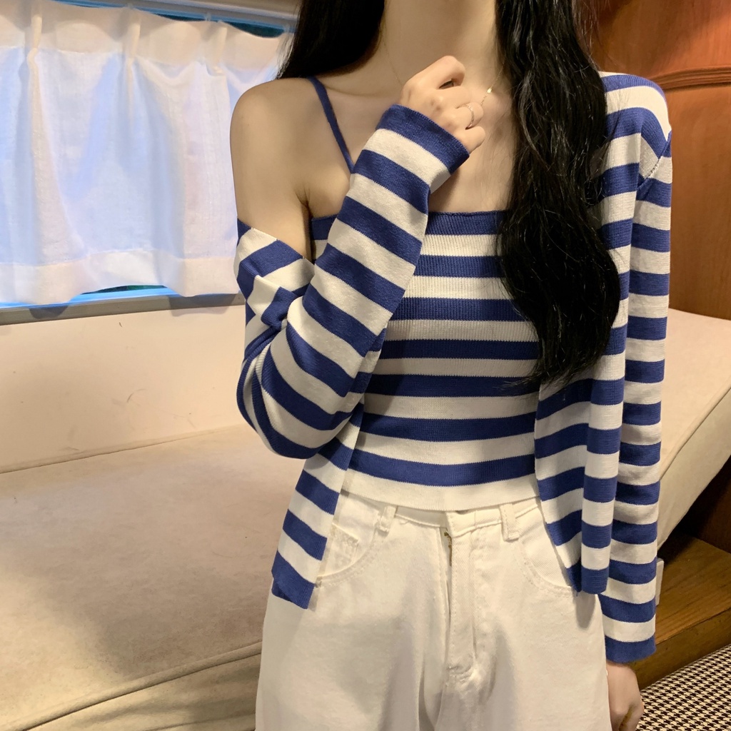 Set 2 món ZHELIHANGFEI áo hai dây + áo khoác cardigan họa tiết kẻ sọc thời trang