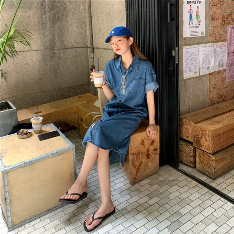 Đầm Denim Dáng Dài Phối Hàng Nút Phong Cách Retro