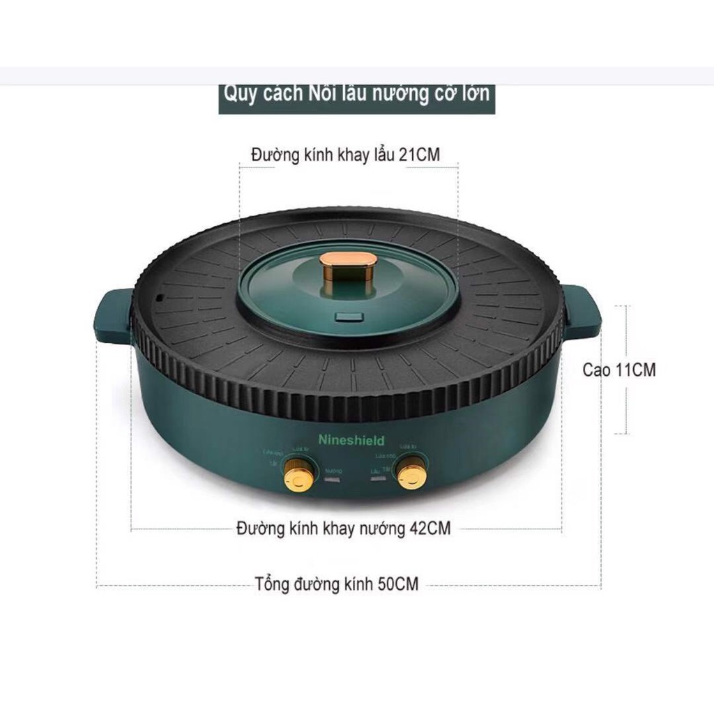 Bếp lẩu nướng điện đa năng 2 trong 1 Nine shield hàng cao cấp thiết kế ấn tượng với màu xanh ngọc sang trọng