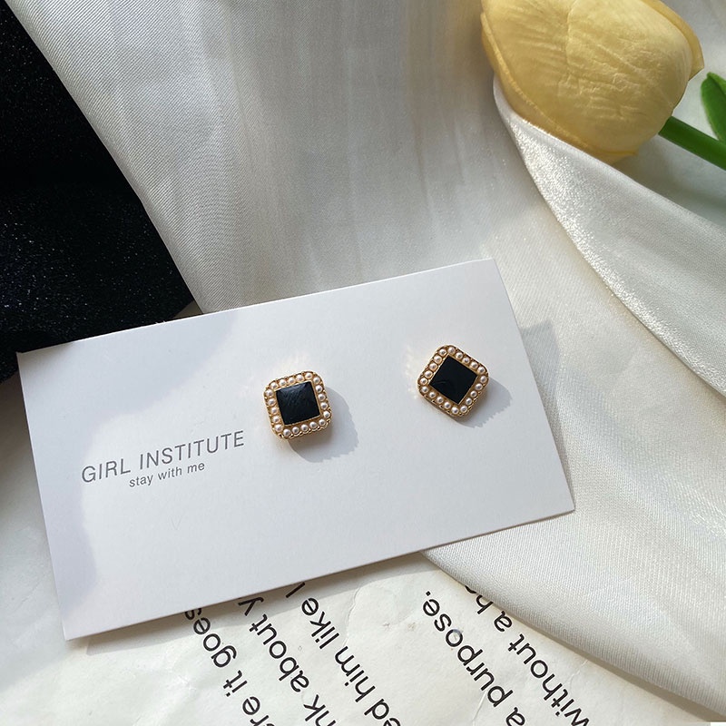 Khuyên tai bạc 925 dáng vuông đính ngọc trai thanh lịch thời trang Hàn Quốc