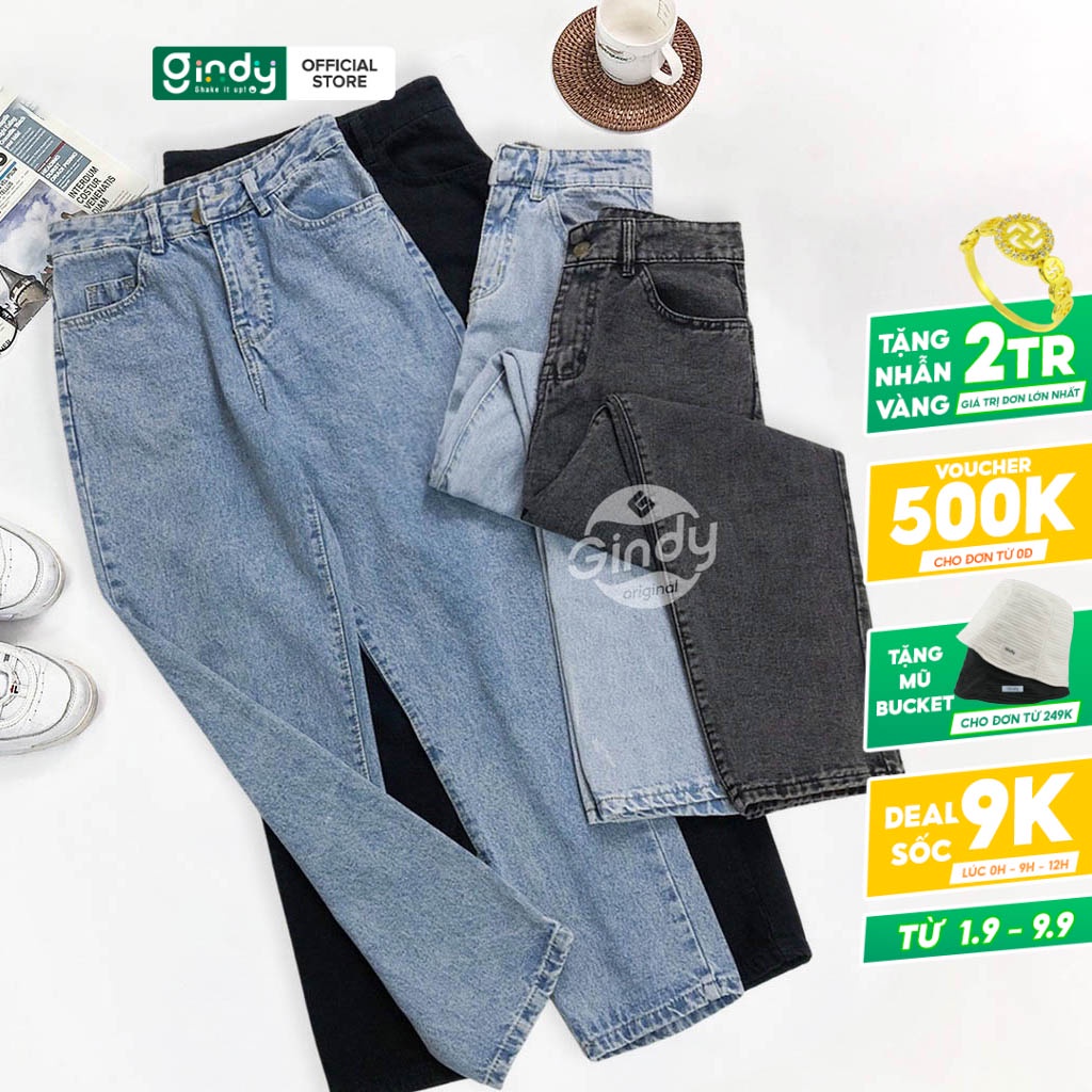 Quần jean baggy nam nữ Simple ống suông lưng cao dáng đứng vải dày đẹp form hàn có 4 màu đen, xanh, khói GINDY Q006