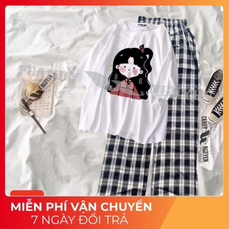 Sét Áo Thun Tay Lỡ Unisex + Quần Caro Ống Rộng