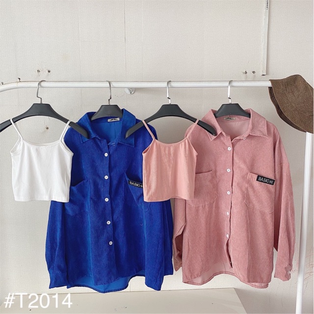 SET ĐỒ gồm áo sơmi nhung gân và hai dây mặc được nhiều kiểu form chuẩn style ullzang tone màu dịu dàng