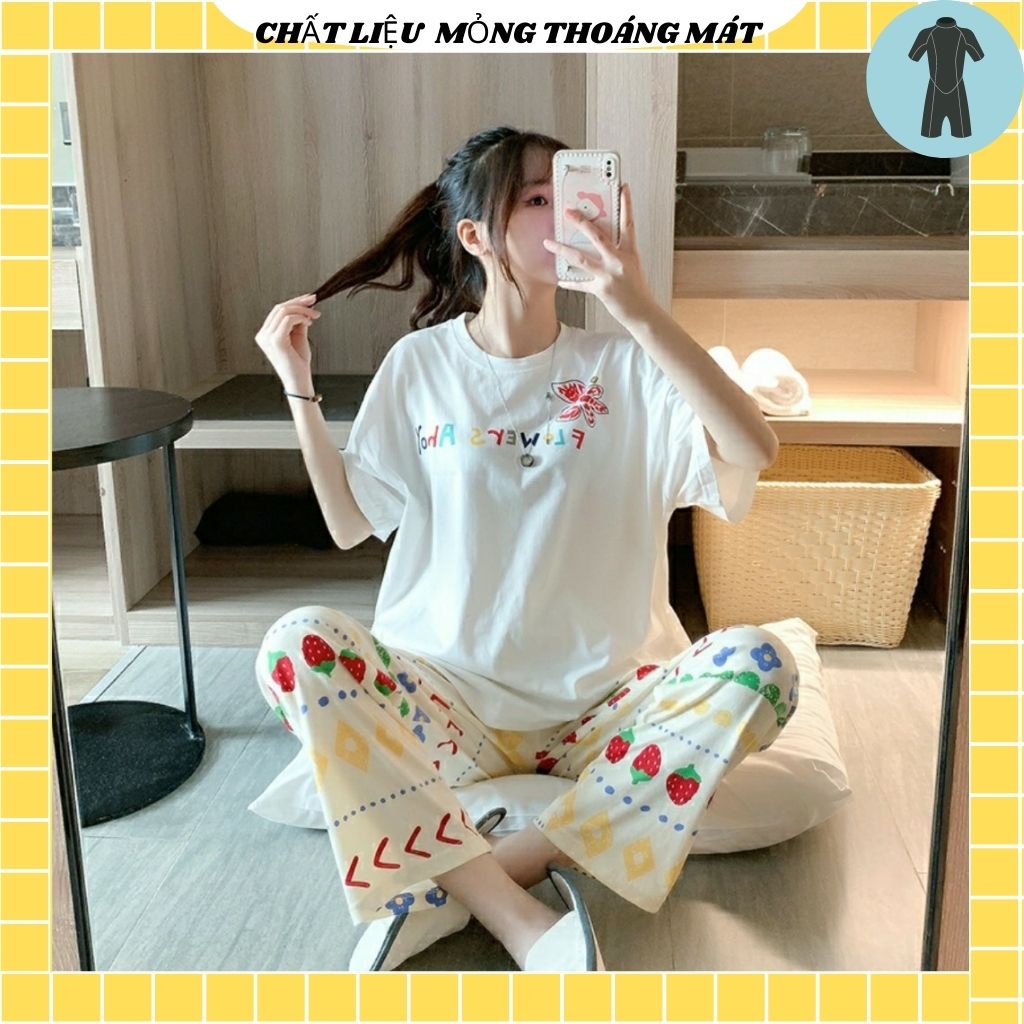Đồ bộ thun quần dài, đồ mặc ở nhà Quảng Châu, họa tiết hình 🍓🍓 dễ thương