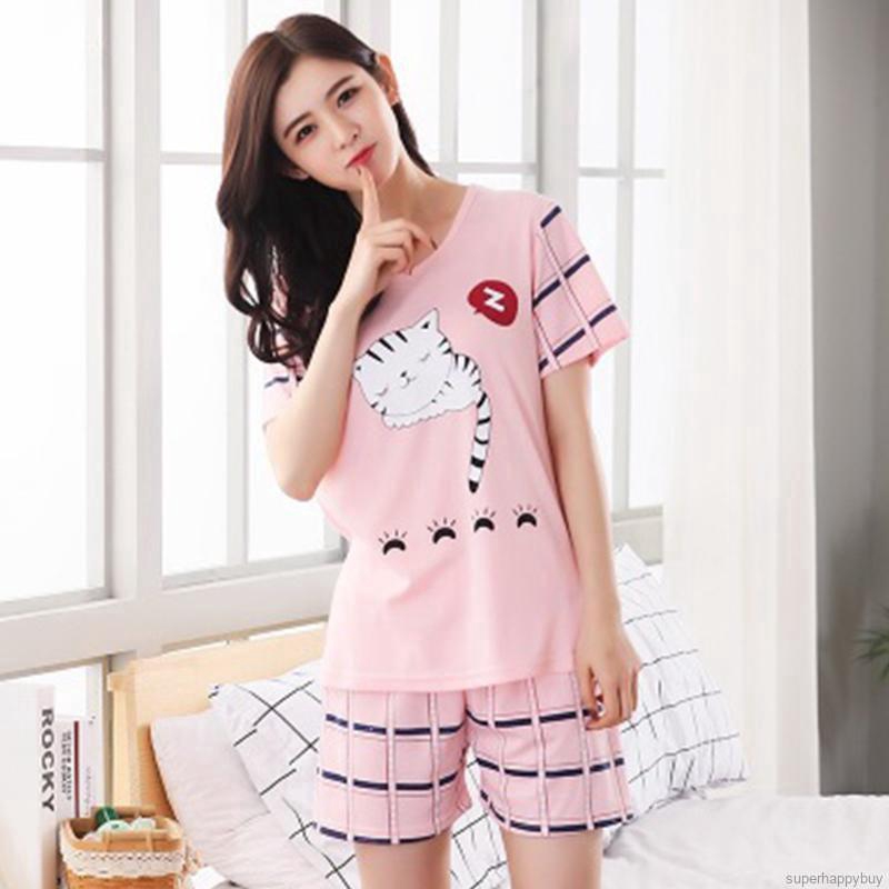 Đồ bộ mặc nhà ngắn tay dáng rộng in hình hoạt hình dễ thương cho nữ