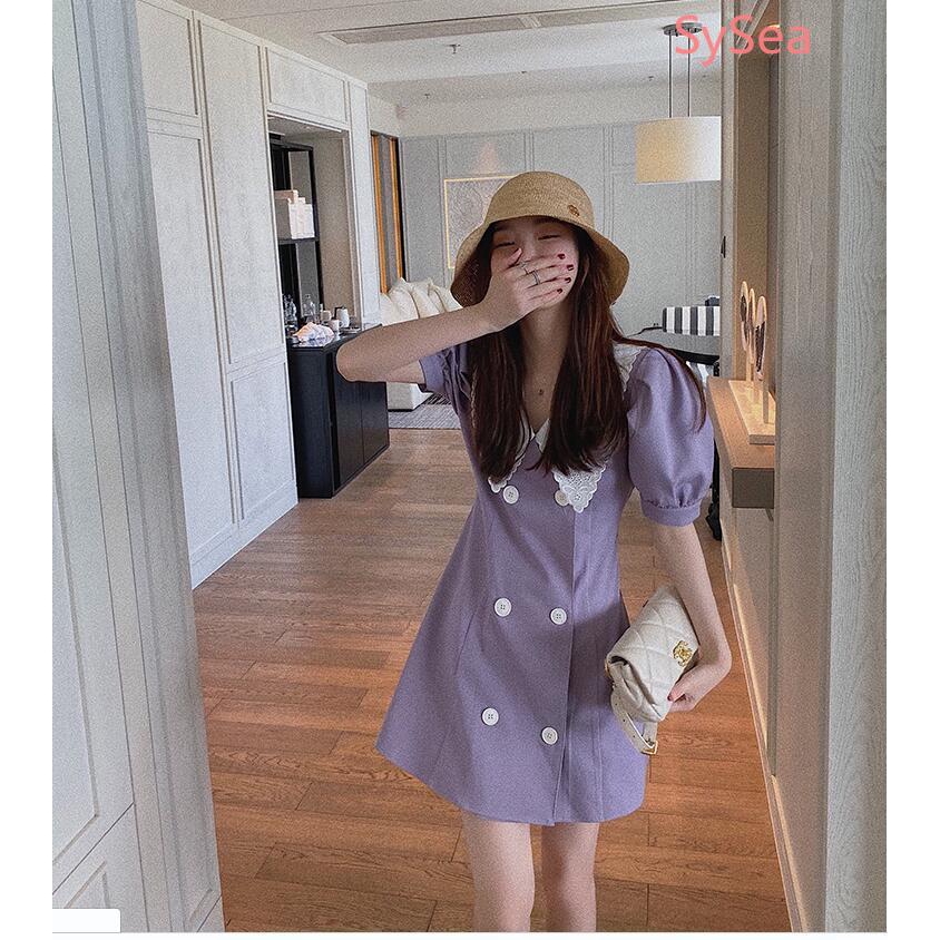 [Code CBS1403B 10% refund up to 30K single 200K coins] Women's Purple Short Sleeve Dress Summer Student Midi Dress