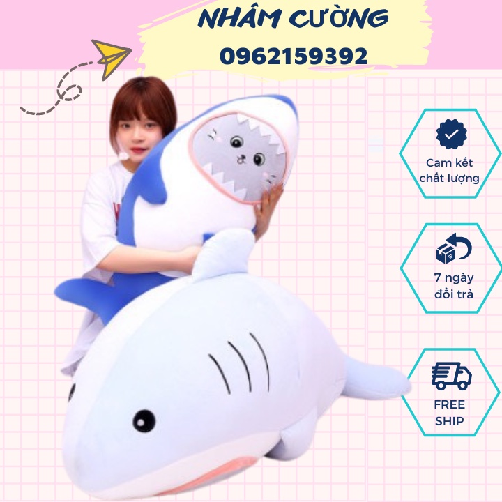 Cá mập bông , thú bông cá mập mặt mèo màu xanh size 40cm