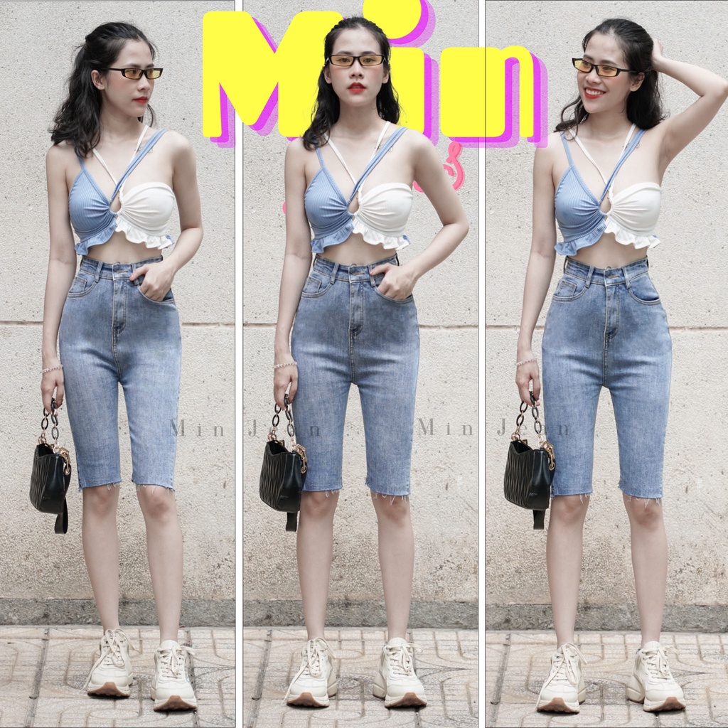 Quần Jean Ngố Nữ Lưng Cao Trơn MINJEAN M70 Hack Dáng, Quần Lửng Nữ Skinny Basic Cắt Gấu Vải Jean Co Giãn Thoải Mái
