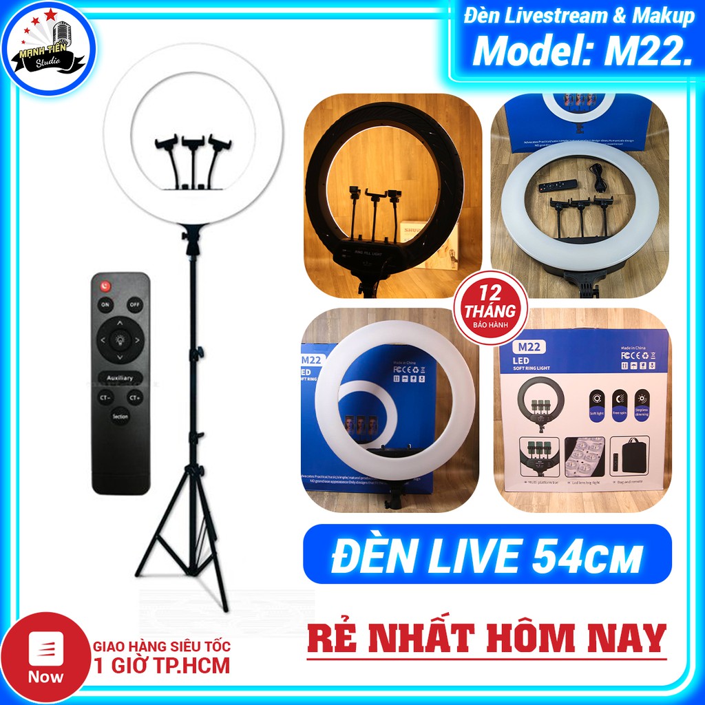 Đèn livestream 54cm M22  3 kẹp điện thoại kèm remote, túi đựng, chân cao 2m1 - 3 chế độ sáng Có cổng USB sạc điện