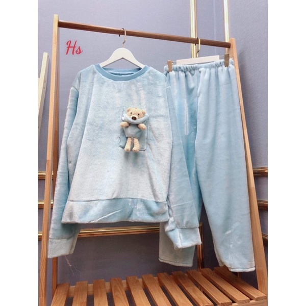Bộ áo lông xanh kèm gấu nhỏ HSU1