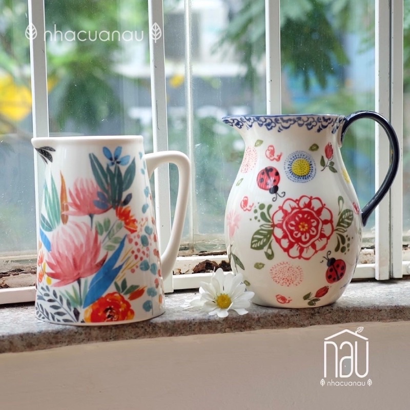 Bình bông lọ hoa bình rót nước hoạ tiết sắc màu Hoa ngũ Sắc, Bọ Rùa, Hoa Cỏ decor nhà đẹp dễ cắm hoa, làm quà tân gia