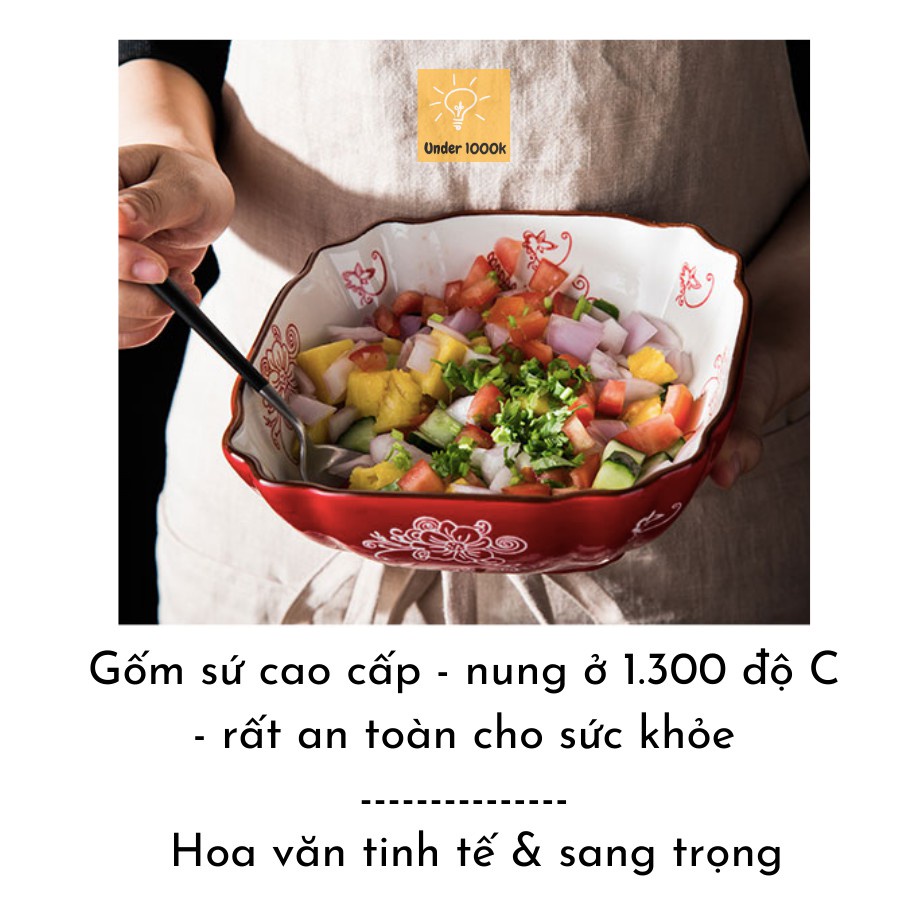 SALE QUÀ TẾT - Bộ chén bát, ly dĩa 12 món sang trọng, chất gốm sứ tráng men đỏ may mắn, họa tiết vẽ tay tinh tế đẹp mắt