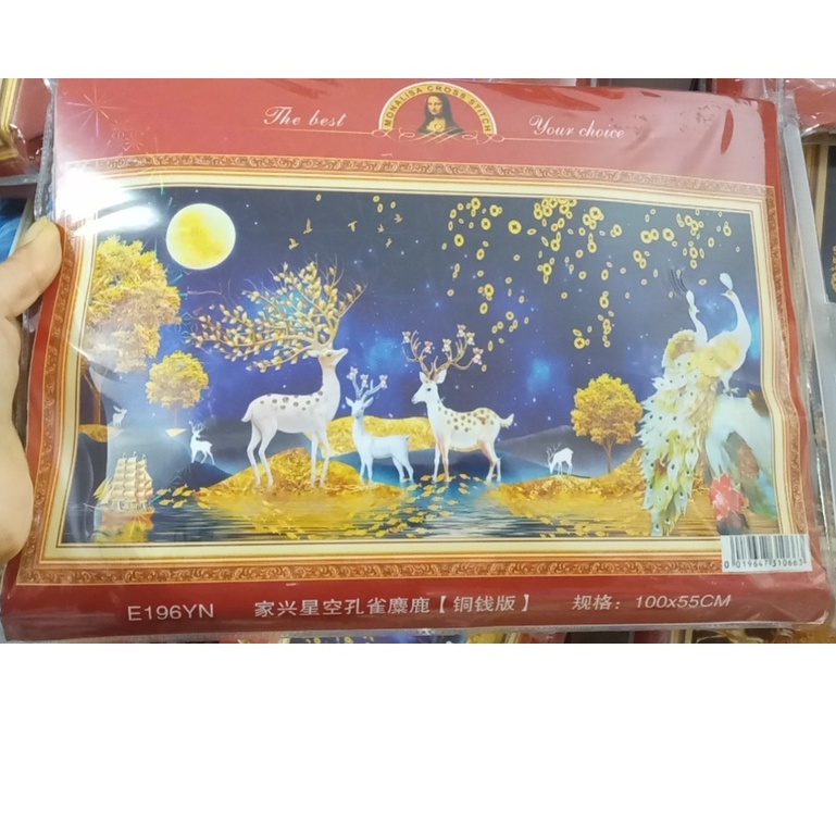tranh thêu chữ thập hươu nai tài lộc e196YN (100X55) cm - tranh chưa thêu