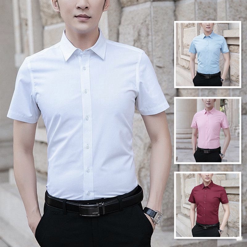 (S-5XL) Áo sơ mi ngắn tay trơn màu cho nam, Áo sơ mi phỏng vấn bảo hộ lao động, Áo sơ mi có cổ chuyên nghiệp